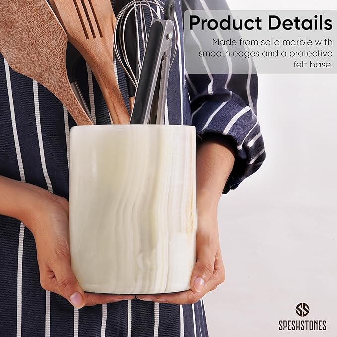 Marble Utensil Holder 6.5 Inch White Onyx Wooden Cooking Utensils Set & Spatula Organizer for Kitchen Counter Decor, Utensil Crock & Stone Caddy for Spoon Holder & Modern Farmhouse Decor
