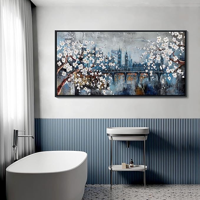 KLAKLA City Scenes Landscape Plum Blossom Picture Artwork for wall - Black Frame Large Wall Art for Living Room Abstract Wall Decor Bedroom Office Modern Home Decoration