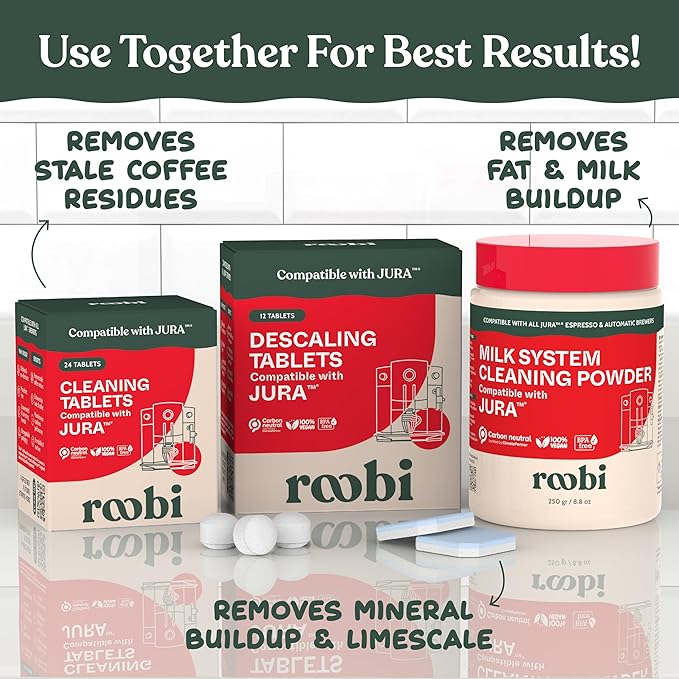 Roobi Compatible Cleaning Tablets for Jura. 24 Jura Cleaning Tablets for Automatic Espresso Coffee Machines. 100% Vegan, Carbon Neutral.