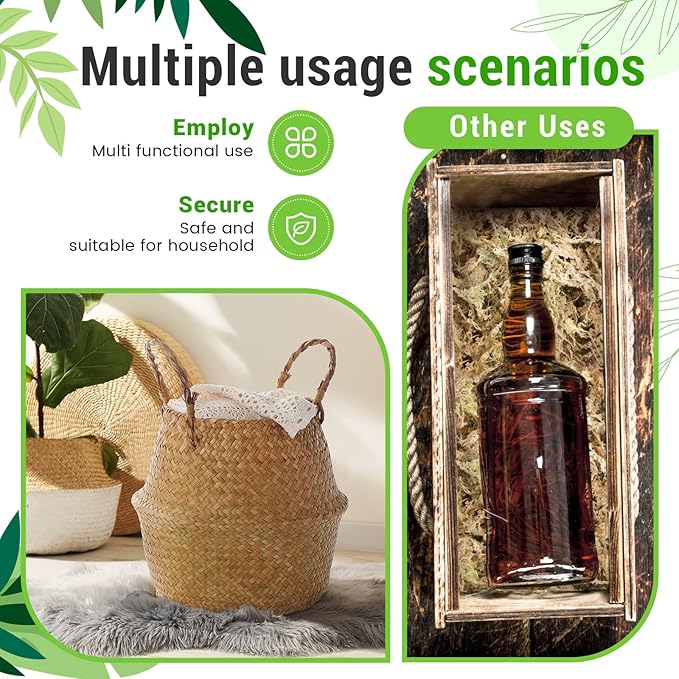 3 Pack Large Wicker Plant Basket with Handle 10 Inch Woven Seagrass Belly Basket and Artificial Moss for Plants Picnic Grocery Laundry House Storage Home Decor (Small,Medium,Large)