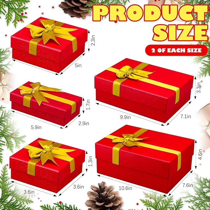 Tenceur 10 Pcs Gift Boxes with Lids Heavy Duty Nested Assorted Sizes Cardboard Gift Boxes for Presents with Ribbon for Xmas Holiday Present(Red, Gold,5 Size)