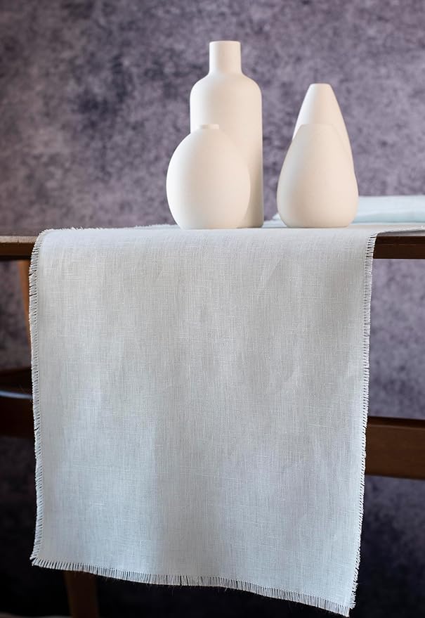 Christmas Table Runner with Fringe- 14x108 Inch Long Blue 100% Pure Linen Runner for Table, Light Blue Table Runner for Spring and Summer – Machine Washable, Handmade