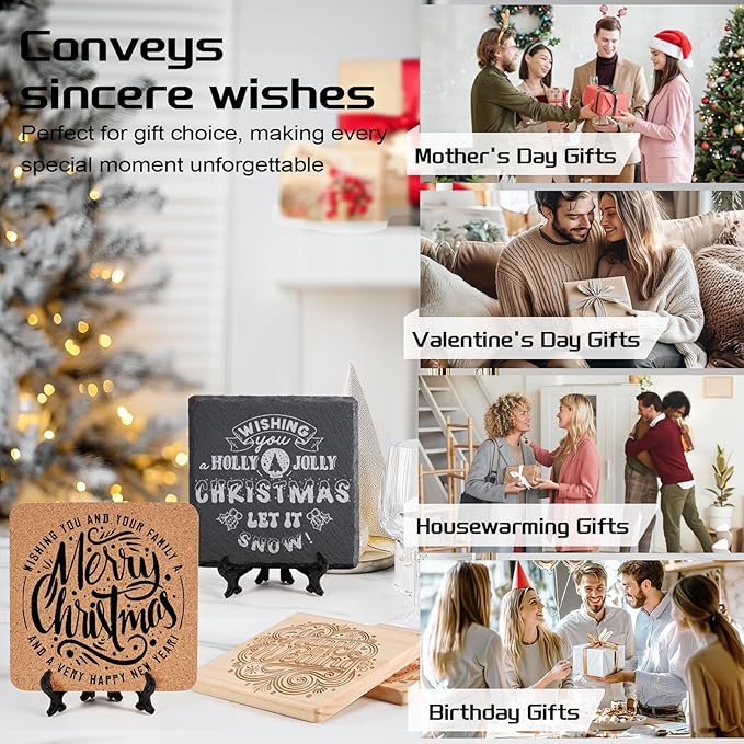 89 PCS Square Blank Coasters Bulk for Laser Engraving, MAPRIAL 4 Inch 100% Natural Black Slate Stone, Wood, Cork, Engravable Materials for Engraver, Gifts, Crafts, Wedding