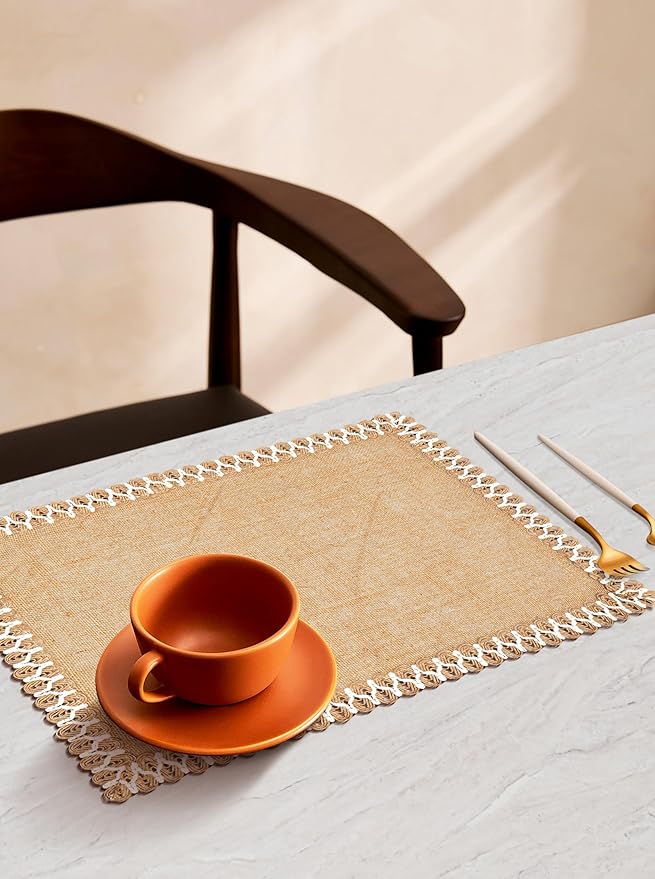 Hausattire Jute Burlap Placemat 14x14 Inches - Natural, Lace Design Edges Table Mats for Bar Table Indoor Outdoor Rustic Thanksgiving Farmhouse Kitchen Coffee Dinner Table Decor Mats - Set of 4