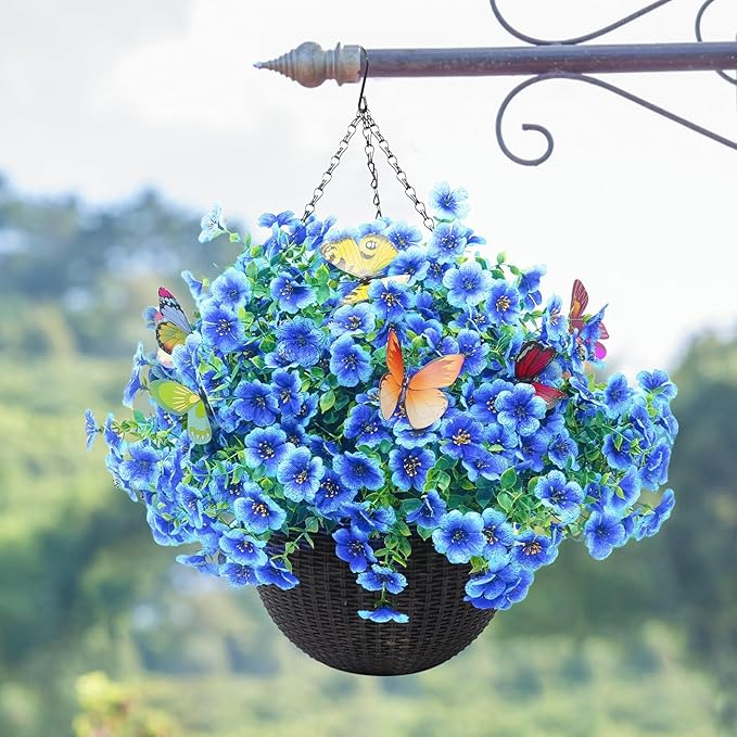 20 Bundles Artificial Flowers for Outdoors‌ with 6 Faux Butterflies, UV Resistant Fake Flowers‌ with Eucalyptus Leaves, Artificial Plants Outdoor‌ for Patio Garden Porch Home Decor (Blue)