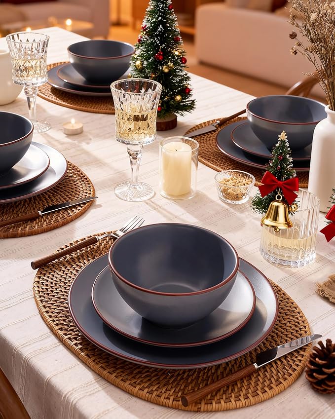 Famiware Venus Ceramic Plates and Bowls Sets, Speckled Dinnerware Dish Sets for 8 (24 Pieces) - Microwave and Dishwasher Safe, Matte Charcoal