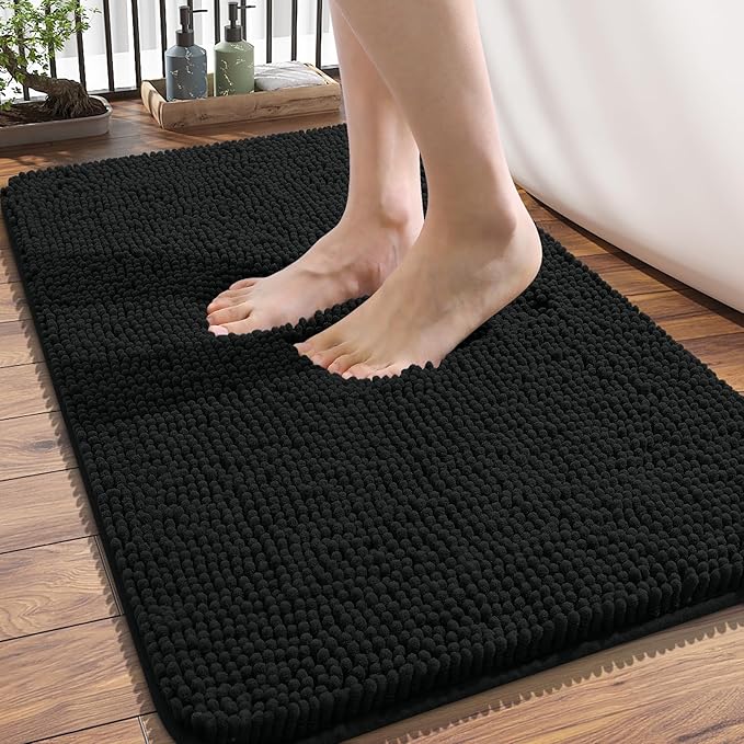 OLANLY Bathroom Rugs 34x21, Extra Soft Absorbent Chenille Bath Rugs, Rubber Backing Quick Dry, Machine Washable Bath Mats for Bathroom Floor, Tub and Shower, Home Decor Accessories, Black
