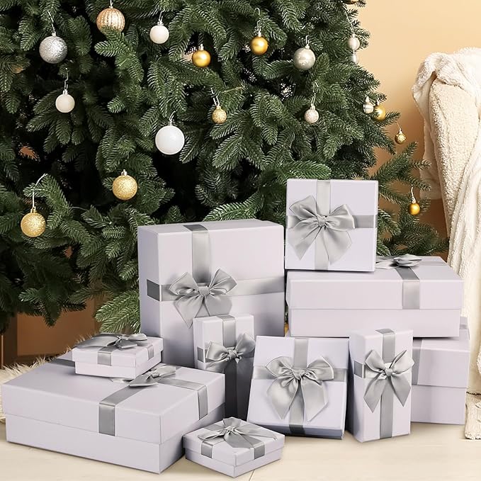 Tenceur 10 Pcs Gift Boxes with Lids Heavy Duty Nested Assorted Sizes Cardboard Gift Boxes for Presents with Ribbon for Xmas Holiday Present(White,5 Size)
