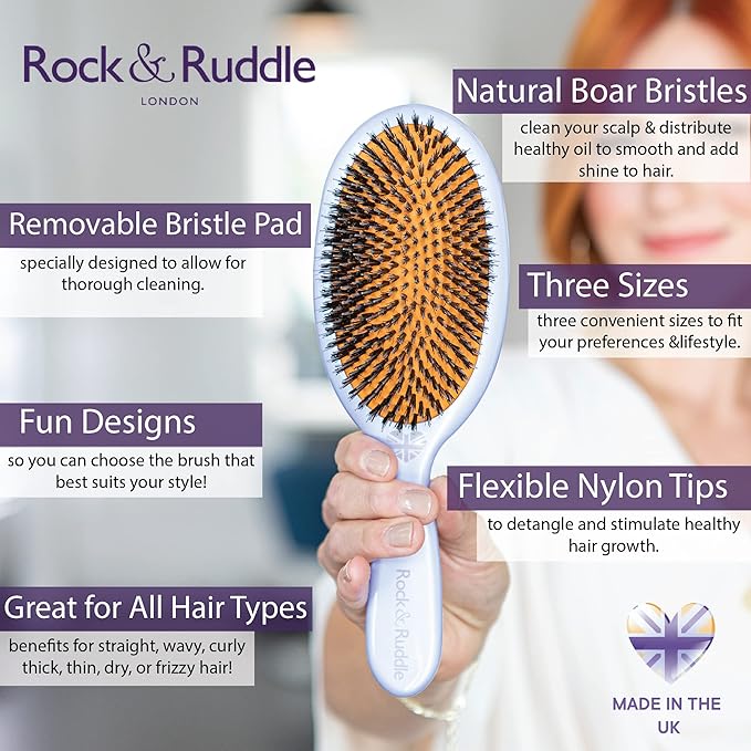 Rock & Ruddle Natural Mixed Boar Bristle Hair Brush for Women and Kids (Large, 21cm) - Perfect for Wet or Dry Hair, Detangling Smoothing Blowdrying - Designed & Made in UK - Peacocks Design