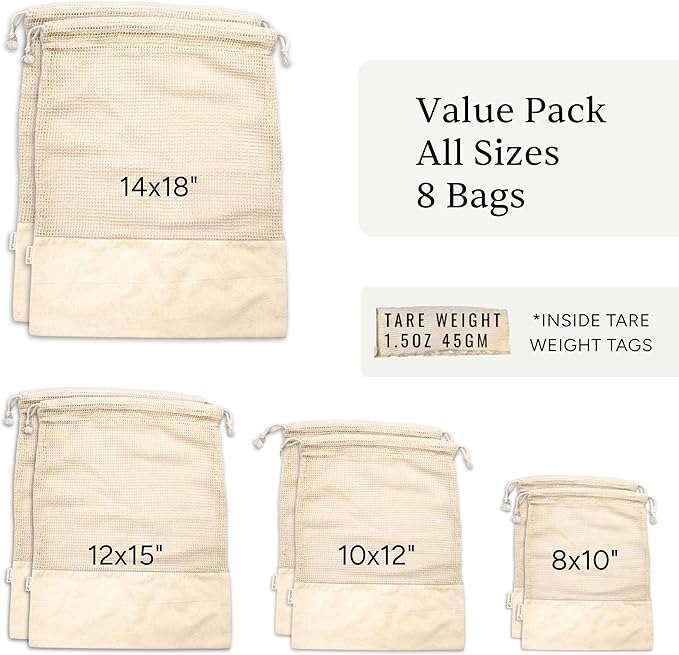 LEAFICO Reusable Produce Bags – 100% Cotton Mesh & Solid Hybrid (Mixed Sizes 8 Pcs – S/M/L/XL) – Multi-Use Grocery & Storage Bags for Fruit, Vegetables, Toys, Clothes, Travel – Washable, Zero Waste