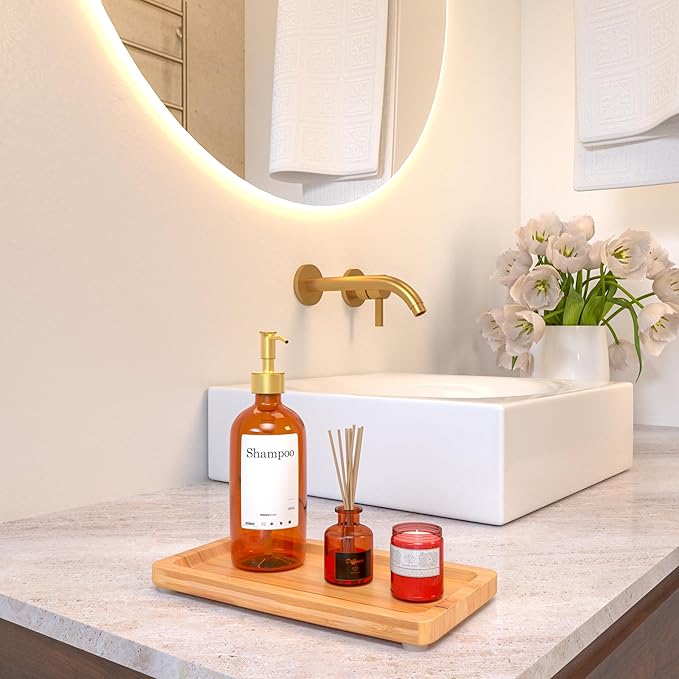 Small Bamboo Tray for Bathroom Countertop - Natural Wooden Bathroom Counter Tray Decor, Spa Skincare Make up Trays for Vanity or Dresser Tops, Neutral Home Decor Aesthetic, Soap Dish, 9 inch