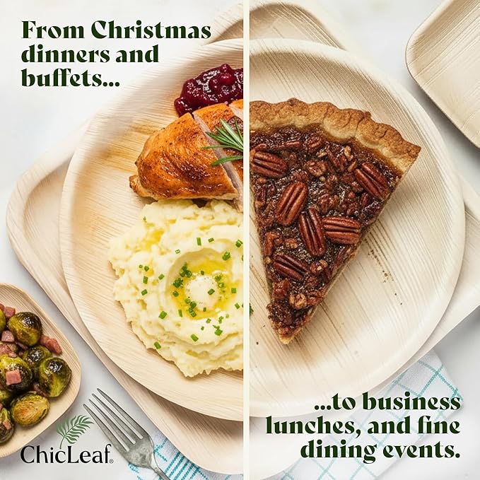 Chic Leaf Palm Leaf Compostable Plates - 6" Square, Pack of 50 - Disposable Dinnerware for Christmas Food, Rustic Bamboo Appetizer Plates - Charcuterie Boards & Biodegradable Serviceware