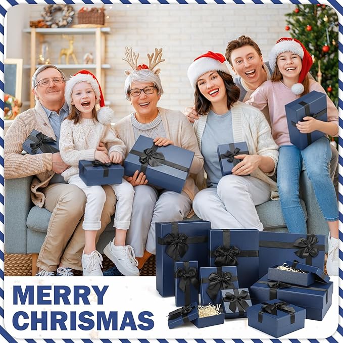 Tenceur 10 Pcs Gift Boxes with Lids Heavy Duty Nested Assorted Sizes Cardboard Gift Boxes for Presents with Ribbon for Xmas Holiday Present(Blue,5 Size)