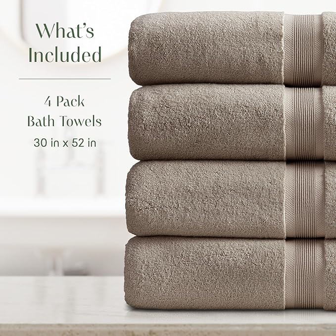 Springtree Home Luxury Bamboo Rayon Bath Towel Set of 4 | 35% Bamboo Rayon - 65% Cotton | Absorbent Quick-Dry Towels for Bathroom | Oeko-TEX Standard 100 Cotton | Cobblestone
