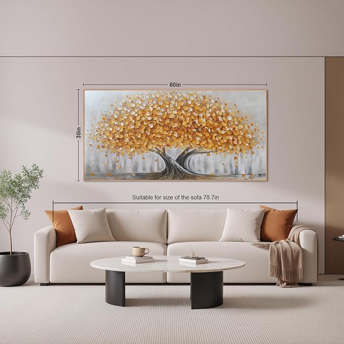 Gold Tree of Life Canvas Wall Art, Modern Abstract Textured Painting, Large Framed Panoramic Landscape Artwork for Living Room, Bedroom, Office, Home Decor 60"x30"