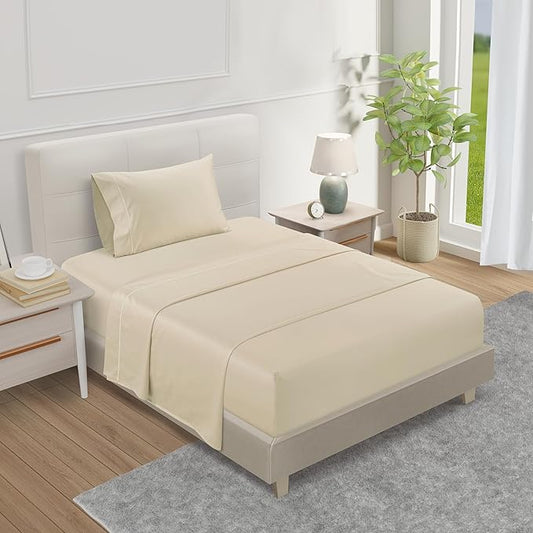 100% Cotton Sheets For Twin Bed, 800TC Fully Elasticated Twin Fitted Sheet & Pillowcase Sets, Fade Resistant Soft & Comfy 15" Deep Pocket Sheets Machine Washable, Naturally Cool & Breathable- Ivory