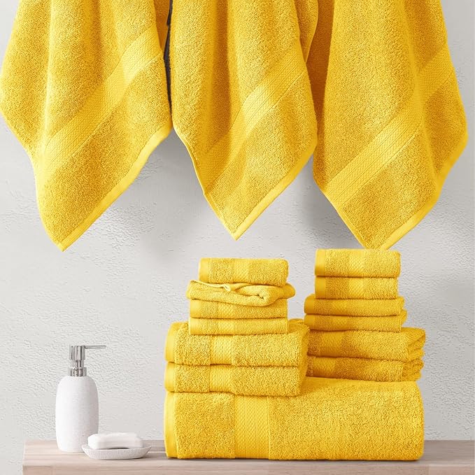 LANE LINEN 100% Mercerized Cotton Bathroom Towel Set - 16 Pieces - Fluffy, Super Soft & Highly Absorbent - 4 Bath Towels, 8 Washcloths, 4 Hand Towels - Ring Spun, Double Sided Cotton Terry - Mimosa