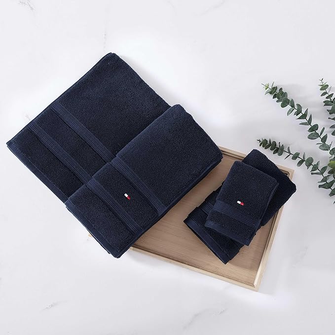 Tommy Hilfiger - Bath Towels, Ultra-Soft & Quick Drying with Zero Twist, 600 GSM Bathroom Towels with Iconic Flag Accent (Harborside Solid Navy, 6 Piece)