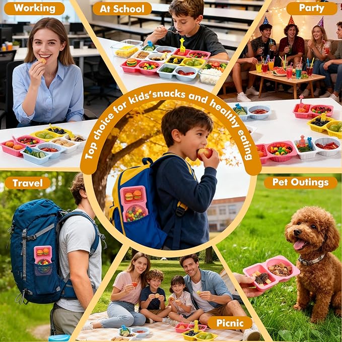 20 Sets Reusable Snack Containers with Lids, 2-Compartment BPA-Free Portion Control Containers for Kids Lunch, Meal Prep & On-the-Go, Refrigerator & Microwave Safe with 10 Animal Forks (4 Color)