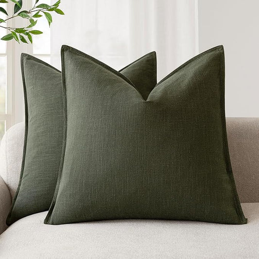 Foindtower Pack of 2, Decorative Linen Solid Throw Pillow Covers Soft Accent Cushion Case Farmhouse Neutral Pillowcase for Chair Couch Sofa Bedroom Living Room Home Decor 22 x 22 Inch Dark Olive Green