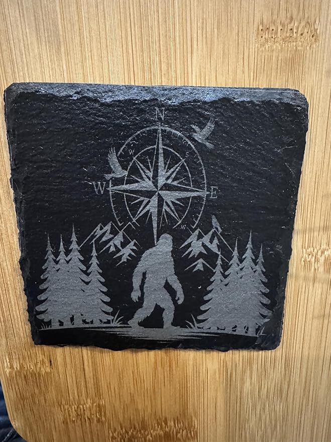 Wilderness Compass Slate Coasters, Natural Black Stone with Bigfoot Forest Design, Decorative Home Accessories, Set of 4