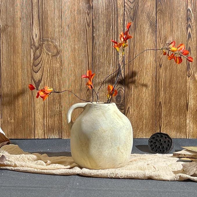 Ceramic Rustic Vase with Handle, Beige Vintage Pottery Flower Vase, Rustic Farmhouse Home Decor for Living Room, Kitchen, Thanksgiving Centerpieces, 5.6 Inch