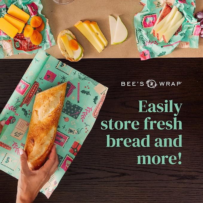 Bee's Wrap Beeswax Wraps for Food - Bread Wrap - Made in USA Reusable Bread Storage Bags - Organic & Eco-Friendly Alternative to Aluminum Foil, Sourdough Bags & Plastic Wrap, Seasons Greetings