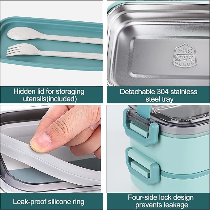 Bento Lunch Box for Kids Women Men, 47oz 2-Compartment Snack Salad Metal Food Prep Pack Container for Lunch, Stainless Steel 2 Layers Stackable Lunch Containers with Lids for Adults and Teens Green