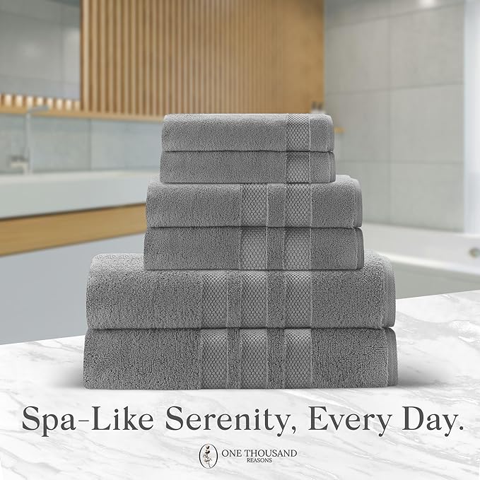 Premium Staple Cotton Bathroom Towel Set - Gray 600 GSM 6-Piece Luxury Bath Towel Set 3 Stripe - 2 Bath Towels, 2 Hand Towels & 2 Washclothes Set - High Absorbent & Quick Dry for Gym, Spa, Hotel
