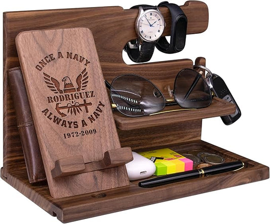 Navy Gifts for Men Personalized Docking Station - Unique Nightstand Organizer Present for Soldiers in Military Navy - Thank You US Navy Gifts, Navy Veterans Day Gifts, Christmas Gifts for US Navy