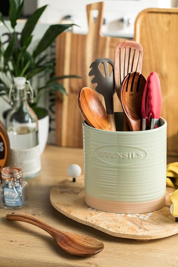 YHOSSEUN Kitchen Utensil Holder, Ceramic Utensil Holder for Kitchen Counter 6.7" Large Cooking Utensil Crock Farmhouse Utensil Organizer Storage, Oval Opening, Green