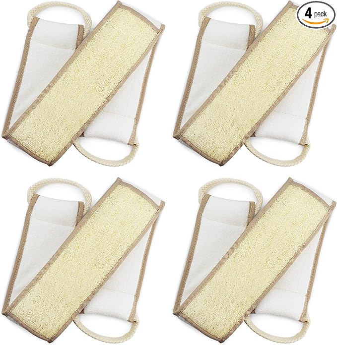 Natural Loofah Back Scrubber (Pack 4) - Exfoliating Sponge for Shower - Loofah Clean Back Deeply - Vegetable Scrubber for Men Women - 100% Biodegradable Compostable Plastic Free (Each 31.5" x 11.8")