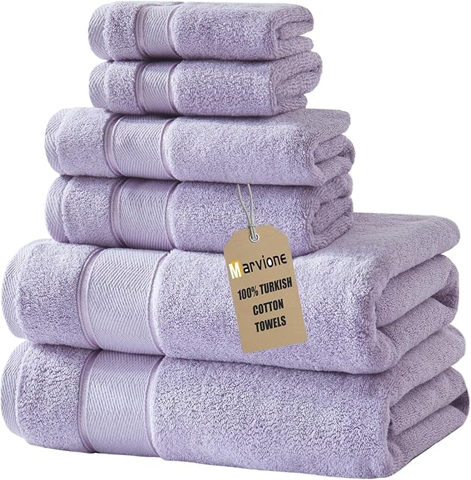 Marvione Bath Towels Set 6 Piece, 100% Turkish Cotton Highly Absorbent and Soft Towels for Bathroom 2 Bath Towels 2 Hand Towels 2 Washcloths, Lavender