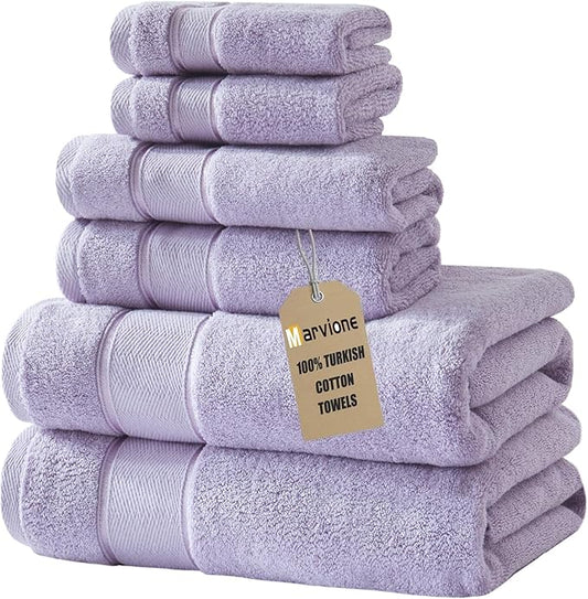 Marvione Bath Towels Set 6 Piece, 100% Turkish Cotton Highly Absorbent and Soft Towels for Bathroom 2 Bath Towels 2 Hand Towels 2 Washcloths, Lavender