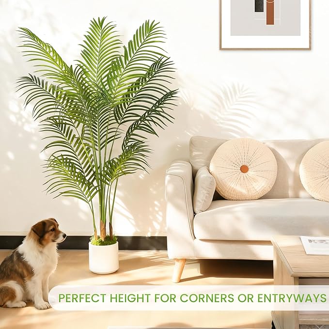5FT Artificial Palm Tree, Tall Fake Tropical Areca Plant with White Round Planter for Indoor Outdoor Home Decor, Realistic Faux Palm Tree for Living Room, Office, Porch, Garden