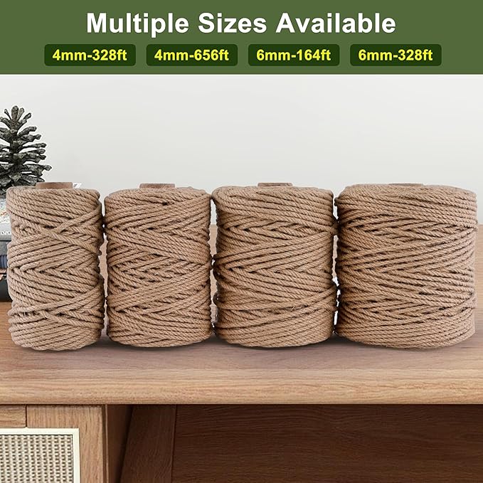 Natural Jute Twine 328ft 4mm,3Ply Twisted Thick Twine Rope Strong Jute String Roll for Crafts Gift Wrapping Gardening Home Decor Bundling Cat Scratching Post