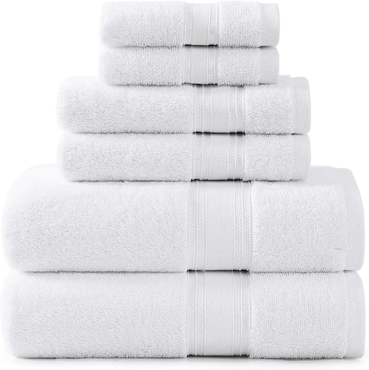 LANE LINEN Luxury Bath Towels Set - 6 Piece 100% CottonBathroom Zero Twist Shower Extra Absorbent Towel Super Soft 2 Hand Wash Cloths White