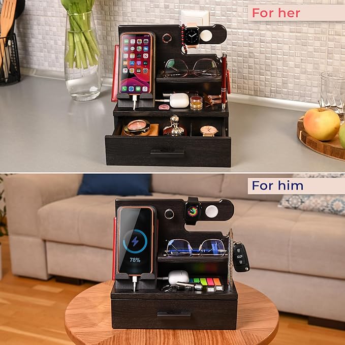 TESLYAR Wood Phone Docking Station with Drawer - Nightstand Organizer - Desk Organizer for Husband - Birthday Gifts for Men, Dad, Anniversary Idea, Key Holder Stand Watch & Accessories (Granite Black)