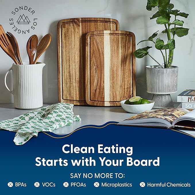 Set of 2 Sonder Los Angeles Acacia Wood Cutting Boards with Juice Groove, Gift Box Included - Small & Medium Sizes: 14x10x1in & 12x8x1in. Ideal for Meat, Vegetables, and Organic Produce Sustainable