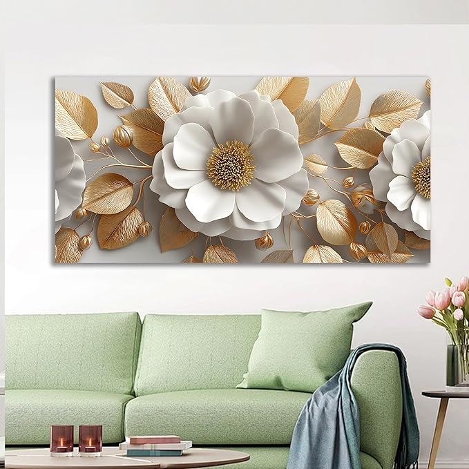 Tarfupth Floral Canvas Wall Art for Living Room Gold and White Flowers Large Botanical Artwork for Bedroom Office Home Decor Canvas Prints 20"x40"