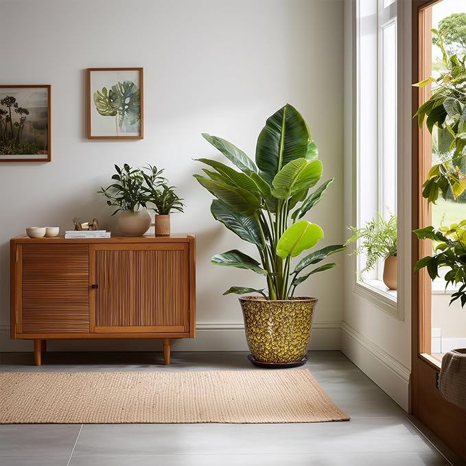 Ceramic Pots for Plants - 10 Inch Plant Pot for Indoor Outdoor, Round Planter with Drainage Hole and Saucer, Modern Flower Pot, Decorative Planters, Home Garden Decor, Birthday Gift, Yellow