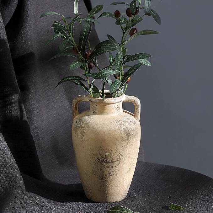 Ceramic Rustic Vase for Flower, 8.85 inch Tall Terracotta Christmas Vases with 2 Handles, Farmhouse Vase for Home Decor, Living Room Shelf Decor, Enterway, Table, Lyeec