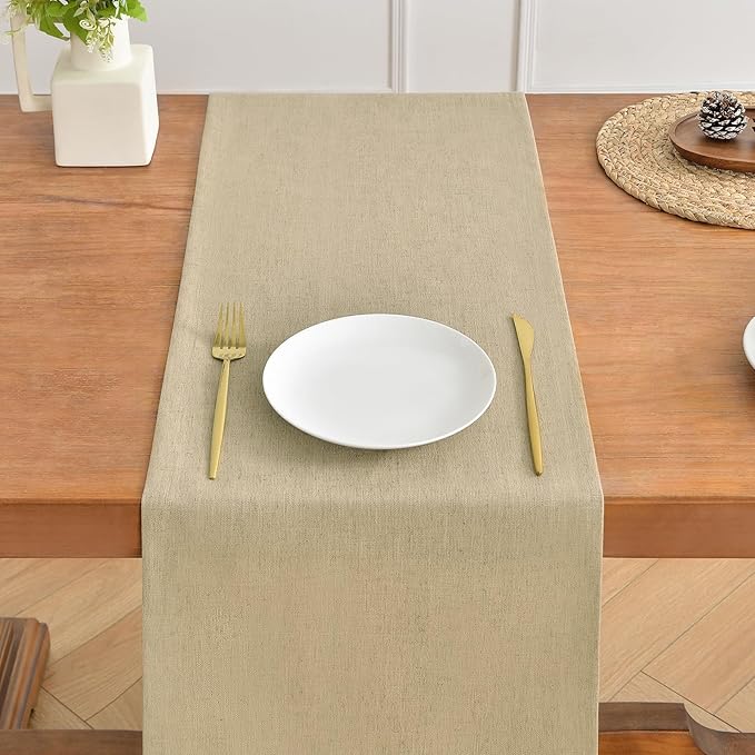 Wracra Linen Style Table Runner, Rustic Farmhouse Vintage Natural Table Runners 90 Inches Long, Handcrafted Table Runner for Fall, Winter - Everyday Use and Machine Washable