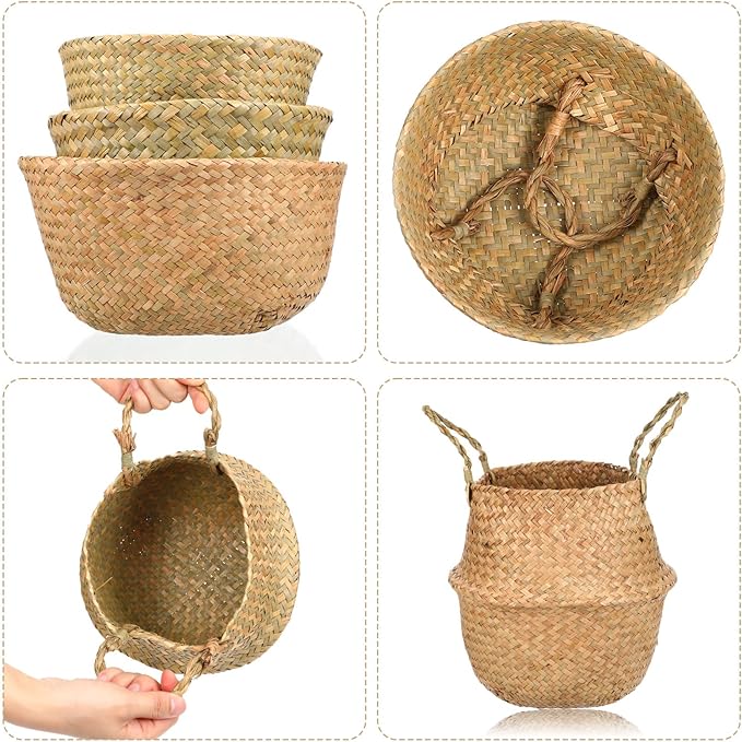 Set of 3 Woven Seagrass Belly Baskets with Handles, Natural Storage Basket Planters for Indoor Plants, Laundry, Picnic, Grocery and Home Decor