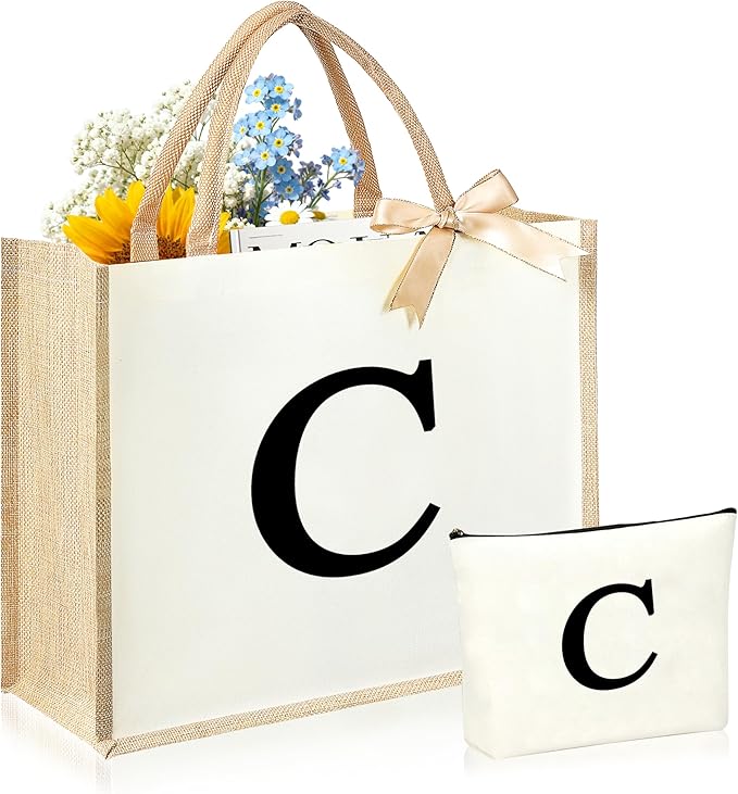 Initial Canvas Tote Bag & Makeup Bag for Women Teacher Bridesmaids，Personalized Present for Wedding, Birthday, Beach