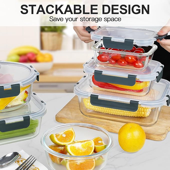 KAMOTA Glass Food Storage Containers, Grey Glass Meal Prep Containers, Airtight Containers with Snap-Lock Lids, Set of 12, for Microwave/Oven/Freezer/Dishwasher