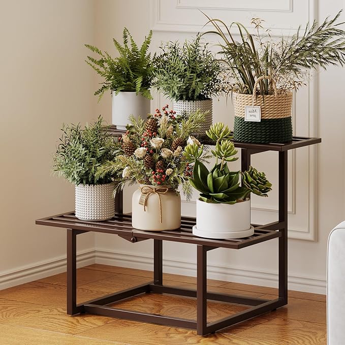 Metal Plant Stand Indoor, Outdoor Iron Plant Shelf, Heavy Duty Slatted Display Shelf for Patio Balcony Garden Living Room Load Bearing 330 LB 26" L x 20.2" H x 17.7" W 2 Tier Coffee