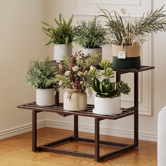 Metal Plant Stand Indoor, Outdoor Iron Plant Shelf, Heavy Duty Slatted Display Shelf for Patio Balcony Garden Living Room Load Bearing 330 LB 26" L x 20.2" H x 17.7" W 2 Tier Coffee