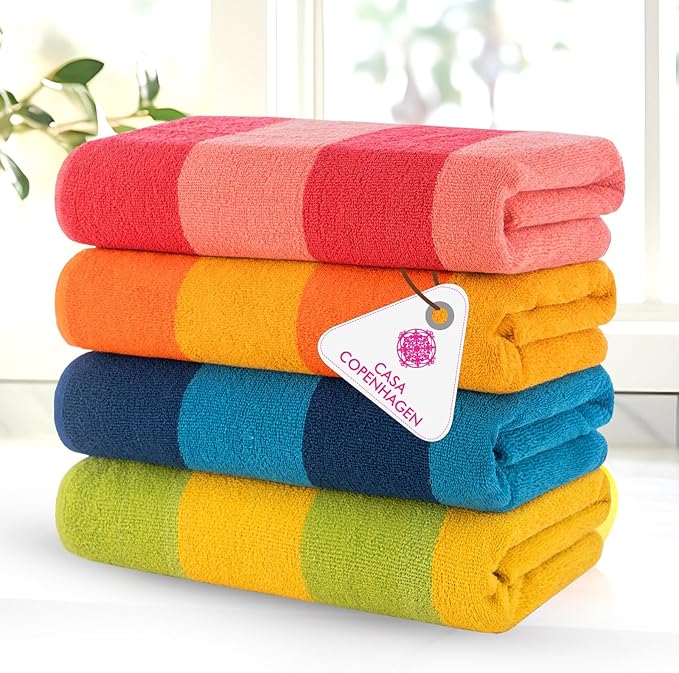 CASA COPENHAGEN Malibu Beach Towels Designed in Denmark Rough and Tough, Quick Dry, for Pool, Bath & Shower 30x60 inches 4 Pieces Cotton Beach Bath Towels Set - Orange, Blue, Pink, Green