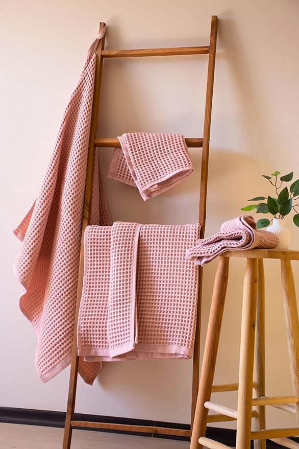 PÜSKÜL - Premium Waffle Towel Set 4 Pieces Pink - Organic 100% Turkish Cotton Quick-Dry Towels for Bathroom Made in Turkiye (Pink Powder, Towel Set - 2 Hand & 2 Bath Towels)
